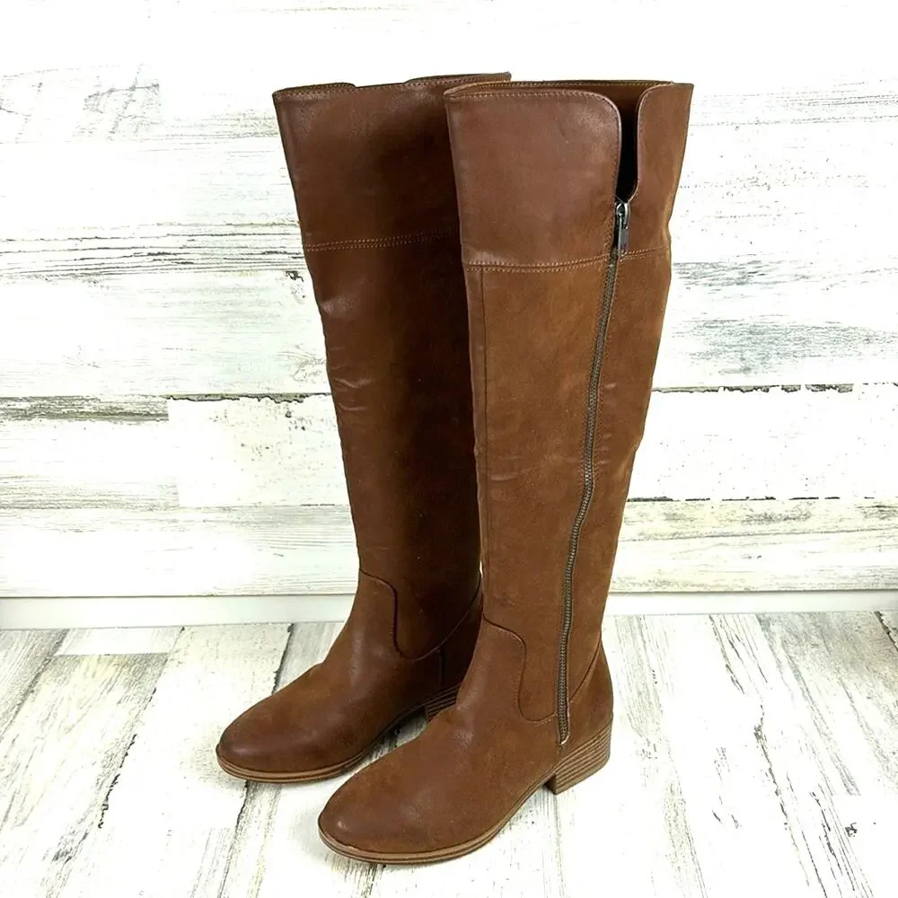 MIA Womens 5 Brown Faux Leather Over the Knee Boots Zip Heel Boho NEW